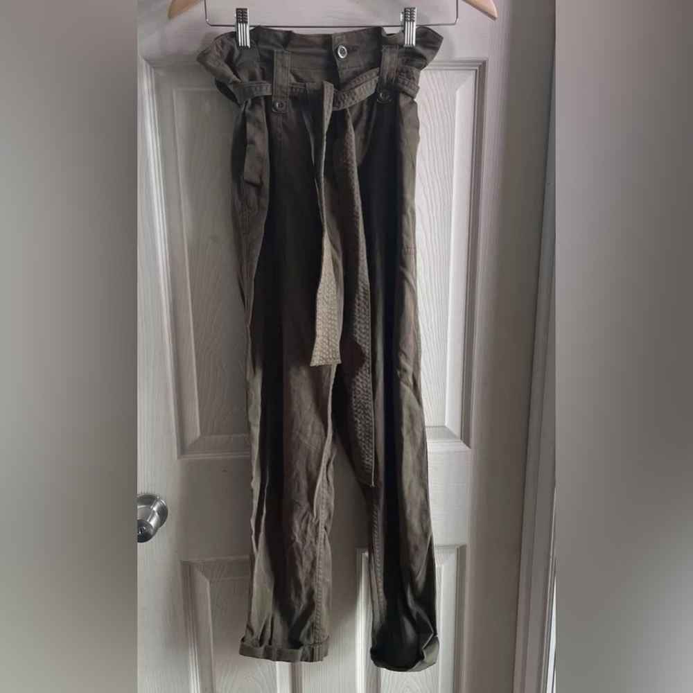 Topshop Pants 2 Womens Regular Size Green High Rise Cuffed Belted Casual Pockets